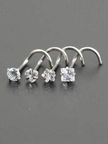Bộ 4 chiếc khuyên mũi đa năng thời trang hình tròn, ngôi sao năm cánh, trái tim, hình vuông đính đá Cubic Zirconia, khuyên môi, khuyên tai vành tai, đường kính dây 0.8x7mm, thanh cong bằng thép không gỉ, trang sức xỏ khuyên cơ thể nữ, khuyên mũi, khuyên vách ngăn mũi. - Bộ 4 chiếc kẹp mũi Bent Rod - Xem 14