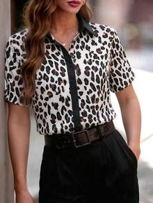 Áo sơ mi nữ họa tiết da báo, cài một hàng khuy, kiểu dáng thường ngày đa năng, thích hợp cho kỳ nghỉ. - Rỉ Nâu - Xem 7
