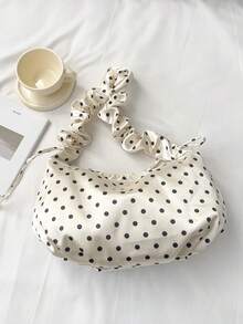 波点褶皱缎面单肩包，拉链闭合休闲腋下包，通勤约会手提包，日常度假托特包，清新时尚，适合拍照 - 香檳色 - 查看 8