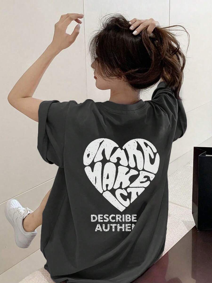 Kaos Wanita Kasual Leher Bulat Longgar Lengan Pendek dengan Motif Huruf & Hati, Musim Semi/Panas - Dark Grey - View 1