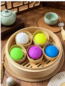1/4pcs Daily Stress Relief Toy, Colorful Dumpling Squeeze Ball, Sensory Calming Toy, Squeezy Dough Ball Stress Relief Hand Toy, Elastic Desktop Toy With Food Steamer, Games And Party Favors, Suitable As Gifts Or Party Favors (Product Color May Be Relatively Dark) - View 4