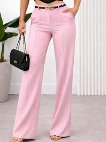 Women's Tailored Wide-Leg Trousers With High Waist And Belt - 淺粉色 - 查看 1