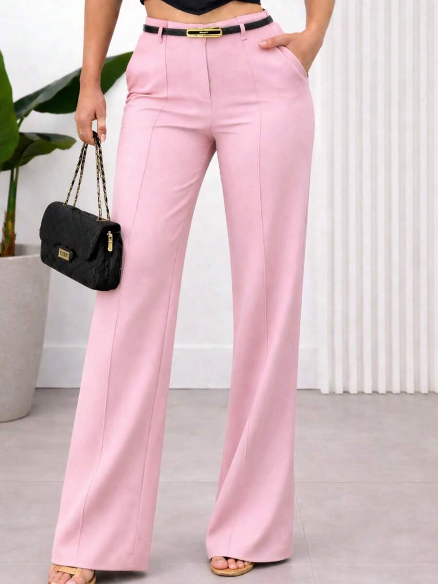Women's Tailored Wide-Leg Trousers With High Waist And Belt - 淺粉色 - 查看 1