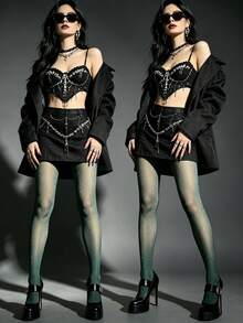 1件 20D 女款性感緊身亮銀絲透明褲襪，超薄春夏成熟優雅風，時尚百搭 - 綠色 - 查看 4