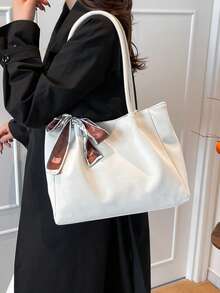 新款丝巾装饰女士手提包/单肩包，独特设计，双提手，大容量托特包，适合休闲和日常使用，可用于度假、通勤和购物，时尚女士包 - 白色 - 查看 5