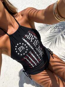 2 Piece Tankini Set We The People 1776 Graphic Print Swimwear Women's Halter Neck Tank Top With Tie Side Bikini Bottom Summer Beachwear - 黑色 - 查看 1