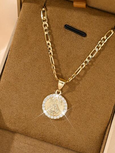  1pc European And American Style New Copper Inlaid Zirconia Hypoallergenic Fashion Vintage Gold Color Small Guadalupe Virgin Mary Pendant Necklace, Suitable For Christmas/Thanksgiving/Halloween/Mother's/Valentine's Day Gifts For Couples/Friends/Godparents, Catholic First Communion, Gifts, Daily And Festival Wear Prayer