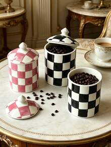 1pc/2pcs Vintage Classic Plaid Ceramic Storage Jar, Multi-Purpose Straight Cylinder Ceramic Canister With Lid, Round Ceramic Airtight Jar, Coffee Bean Container, Suitable For Kitchen Spices, Coffee, Grains, Candy, Cookies, Home Kitchen Tabletop Decor - Multicolor - View 3
