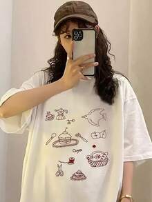 日系女装夏季宽松街头鸽子蛋蛋糕下午茶水果面包可爱休闲T恤 白色 - 白色 - 查看 3