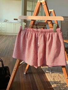 Rutiga casual shorts med resår i midjan och knappar i en rad, bekväma och andningsbara vardagskläder - Röd - Visa 4