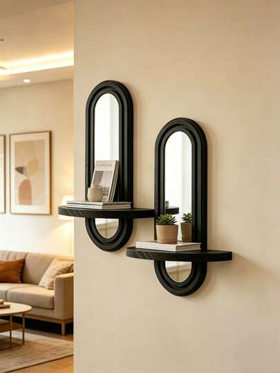 OBOVAY 1pc/2pcs Rainbow Arch Wall Mirror Frame, Modern Decorative Wooden Wall Mounted Storage Shelf, Boho Style Hanging Vanity Storage Rack, Beautiful Mirror Frame Decor, Multi-Functional Storage Shelf, Easy Installation, Suitable For Home, Garden, Wedding Decor All Season - Applicable For Living Room, Bedroom, Bathroom, Entryway, Vanity, Apartment Wall (Color And Style Random)