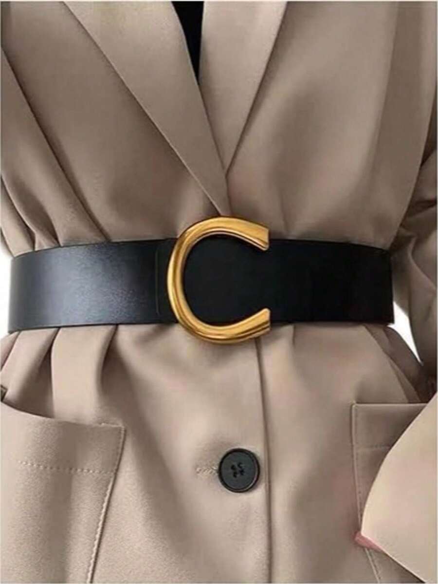 Women's PU Leather Metal Buckle Belt Letter Shaped Waist Belts For Jeans Dress - 黑色 - 查看 1