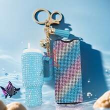 2 Pieces/Set Of Defense Keychains,Bling Self Defense Keychain, Sparkling Rhinestones Mini Tumbler Keychain Lip Balm Holder Key Ring, Stylish & Functional Accessories - Multicolor - View 13