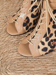Women's Fashionable Apricot Leopard Print Thick Heel Sandals, Spring/Summer New Buckle Open Toe High Heel Lace-Up Hollow Sandals, Round Toe Lace-Up Roman Shoes, Suitable For Casual, Party, Holiday, Outdoor Activities, Comfortable Plus Size Thick Heel Breathable Short Boots High Heel Roman Shoes - Apricot - View 7