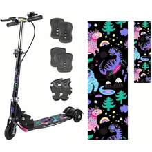 Patinete Plegable MUÜNSOY para Niños Mayores de 3 Años, Patinete Infantil con 3 Ruedas Brillantes, Freno en el Manillar, Altura Ajustable, Patinete Infantil con Timbre, Caja de Regalo de Navidad - Negro+Rodilleras - Ver 9