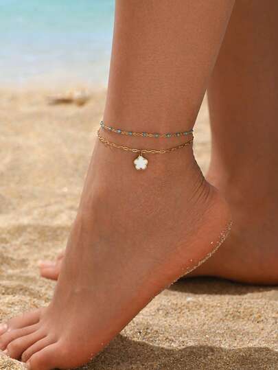 1 chiếc lắc chân nữ bằng thép không gỉ mạ vàng, hai lớp, họa tiết hoa trắng nhỏ giọt màu xanh dương, trang sức thời trang.