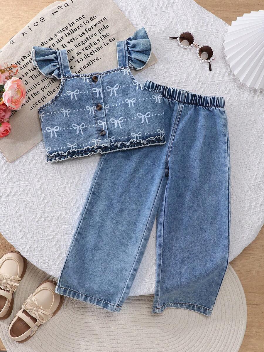 2pcs/Set Young Girl' Cute Retro Bow Print Flutter Sleeve Denim Top And Matching Denim Pants Set, Soft & Comfortable Casual Summer Outfit - Medium Wash - View 1