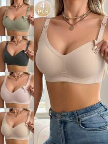 4pcs Nursing Bra, Sujetadores Para Mujer, Bras For Women, Bralettes For Women, Brasier De Lactancia, Anti Sagging Front Opening Bra - Apricot - View 1