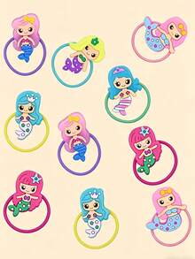 Set de 5 ligas para el cabello con diseño de sirena, adecuadas para decoración de fiestas temáticas, regalo de cumpleaños, estilo aleatorio - Multicolor - Ver 3