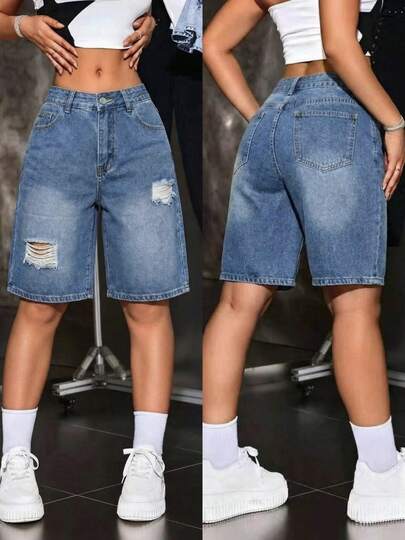 Quần đùi Bermuda denim rách rưới dành cho nữ
