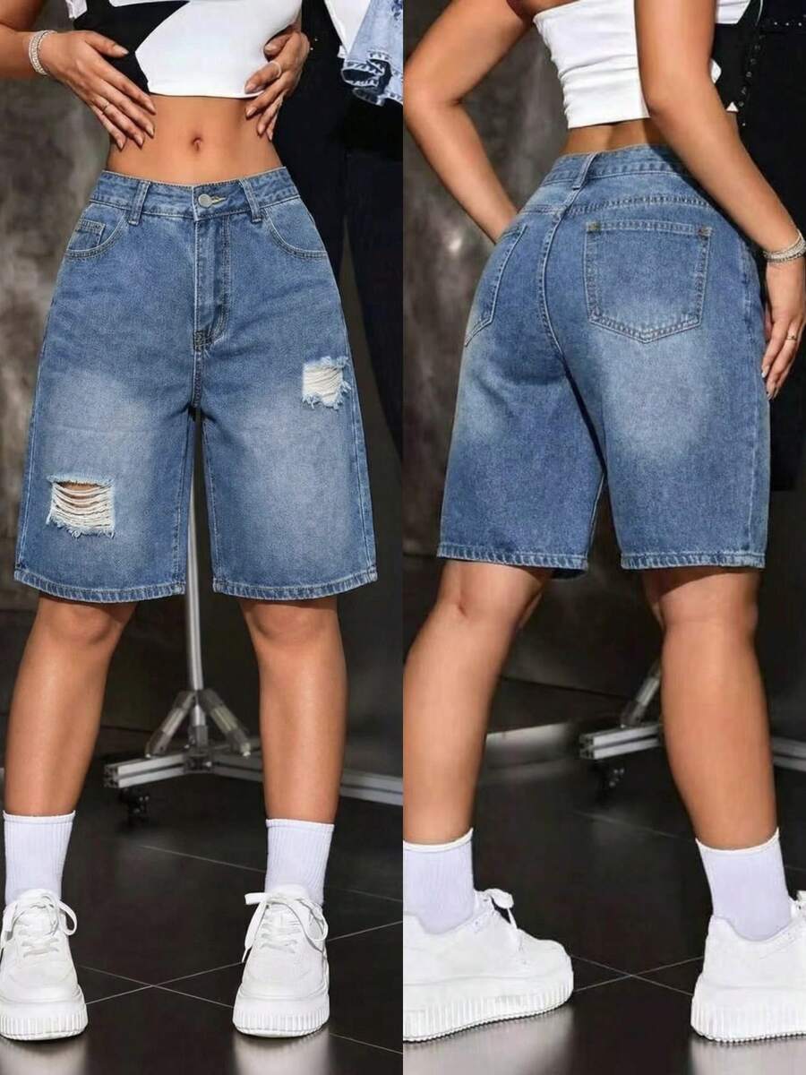 Quần đùi Bermuda denim rách rưới dành cho nữ - Màu xanh lam trung bình - Xem 1