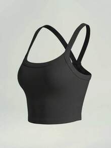 Top de yoga sin costuras acanalado, top corto de tirantes para actividades deportivas - Negro - Ver 4