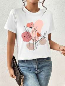 Camiseta Casual Holgada de Mujer con Estampado Floral, Cuello Redondo y Manga Corta, Adecuada para Verano, Estilo Vintage Urbano, Unisex, de Algodón, Manga Corta y Cuello Redondo. - Blanco - Ver 5