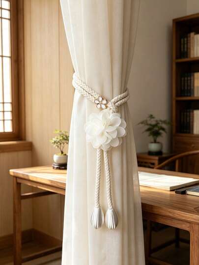 北欧田园风编织绳窗帘绑带，3D立体花卉设计，无需钻孔，长度可调节，花瓣装饰窗帘夹，让窗帘成为家居装饰亮点
