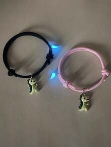 ATLVXJL 2pcs/Set Glow-In-The-Dark Dinosaur Heart Friendship Couple Bracelets, Casual Daily Wear & Valentine's Day Gift - Multicolor - View 7