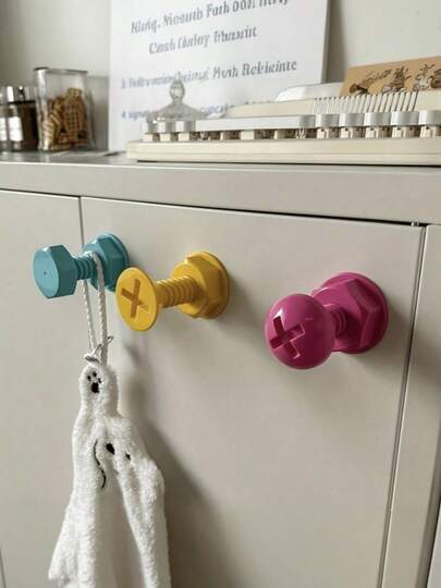 3pcs Creative Screw Shaped Adhesive Hooks, Plastic Material, Macaron Color Design, No Drilling High Viscosity, Suitable For Hanging Clothes And Small Items In Home And Bathroom