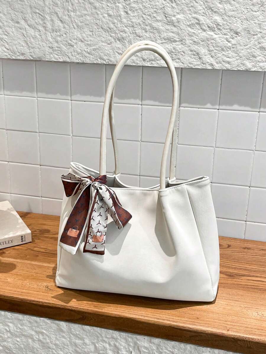 新款丝巾装饰女士手提包/单肩包，独特设计，双提手，大容量托特包，适合休闲和日常使用，可用于度假、通勤和购物，时尚女士包 - 白色 - 查看 1