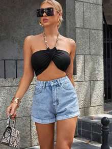 Roll Up Hem Denim Shorts - Light Wash - View 10