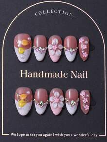 10pcs/Set Handmade Short Almond Shaped Nail Stickers In Y2K Pink, With French Style Design, 3D Hand Carved Patterns And Handcrafted Diamond And Pearl Designs. Comes With 1 Piece Of Jelly Gel And 1 Nail File. Perfect For Daily Use As Well As For Costumes At Coachella Music Festival, Press On Nails And Nail Care Products. - Pink - View 2