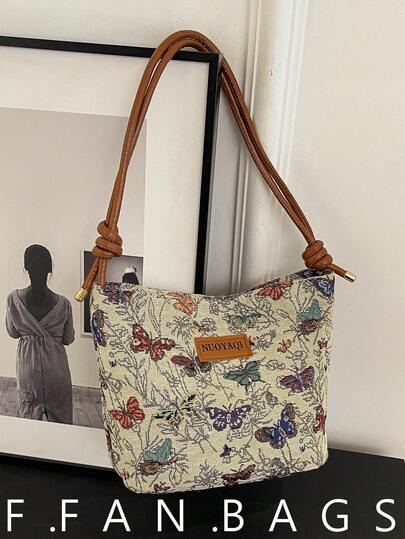 Nature-Inspired Printed Tote Bag, One Shoulder Strap, Breathable, Versatile, Large Capacity, Suitable For Commuting, Lunch Bag