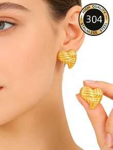 1 Pair Heart-Shaped Fashionable Versatile Elegant Stainless Steel Earrings, Suitable For Daily Wear All Year Round, Mother's Day Gift - Gold - View 1