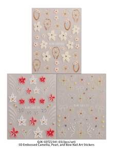3 Stück 5D geprägte französische elegante Nail Art Aufkleber - Exquisite weiße & rote Kamelienblume mit Schleife Nail Decals Set - Geeignet für Hochzeitssaison / Date / Frühling & Sommer damenhaftes DIY Nail Dekoration - Verschiedenfarbig - Übersicht 11