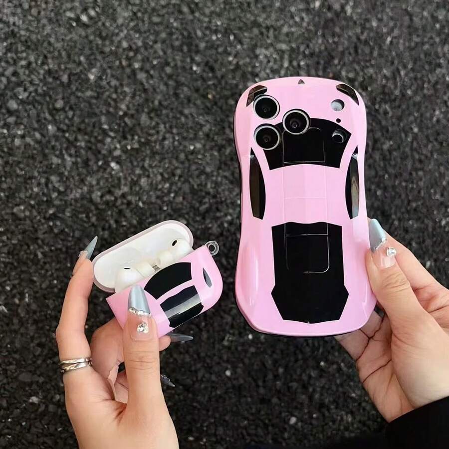 ¡Caliente! Estuche para teléfono y estuche para auriculares 2 de coche deportivo rosa para teléfono 17 Pro Max / 14 Pro Max y Apple 3, cubierta protectora a prueba de golpes - Rosa - Ver 1