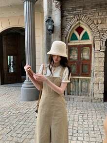 Đầm denim midi không tay màu trơn, kiểu dáng thường ngày, có xẻ tà, dành cho nữ, mùa xuân/hè. - Màu Khaki - Xem 6