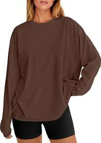 Womens Oversized Long Sleeve Shirts  Crew Neck Baggy Active Basic Tee Spring Workout Tops Y2k Clothing - 01-brown - View 8