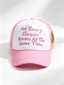 Boné de Caminhoneiro Bordado "Nem Todas as Flores Florescem ao Mesmo Tempo", Boné de Beisebol de Tela Rosa para Homens, Boné de Sol de Verão Ajustável e Respirável com Bordado Cartoon, Acessório de Cabeça Fofo Estética Y2K para Uso Diário Externo, Praia, Férias - carta - Visão 8