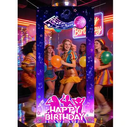 1pc K-Pop Happy Birthday 60X120CM Photo Booth Frame, Purple Polyester Fabric Party Prop With Music Note Disco Star Print, Reusable Selfie Backdrop For Korean Pop Themed Birthday Party Decorations, Spring Summer Teen Girl Birthday Supplies