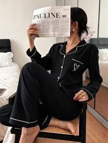 Dreamivo 2pcs Women Solid Color Autumn Trim Contrast Collar Pocket Heart Embroidery Long Sleeve Button Top And Pants Pajama Loungewear Set, Suitable For Home Use - Black - View 1