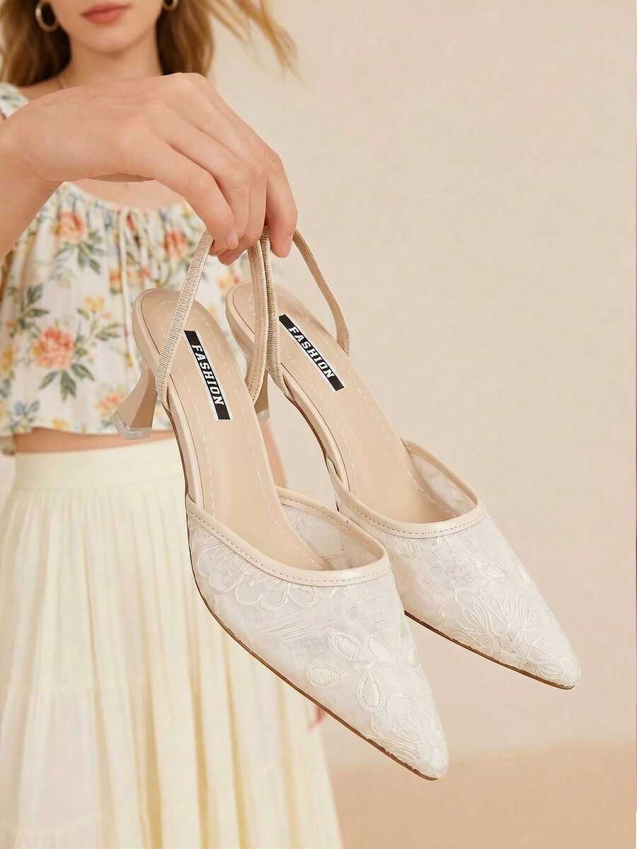 planare Women's Fashionable Summer Elegant Breathable Mesh Embroidered Stiletto Slip-On Backstrap Beige Sandals, Suitable For Daily Commute, Dates, Weddings - Beige - View 1