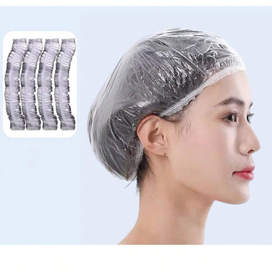 50/100 chiếc Mũ tắm dùng một lần, Mũ trùm tóc bằng nhựa trong suốt, Mũ tắm chống thấm nước dành cho nữ, Phụ kiện cần thiết khi đi du lịch khách sạn, Dưỡng ẩm và làm sạch sâu - Nhiều màu - Xem 1