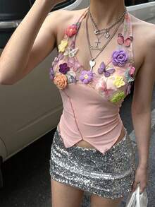 Summer Heavy-Duty Handmade Floral Halter Neck Camisole, Slightly Sheer And Slimming Cropped Top, Perfect For Beach Parties. - Pink - View 3