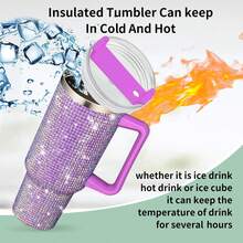 40 Oz (Approximately 1134.0 Grams) Flat-Bottomed Cup, Glittery Glass Cup With Handle, Rhinestone Tumbler, Shiny Cup, Stainless Steel Water Bottle, Diamond-Embellished Glass Cup, Suitable For Women, Mothers, And Girlfriends (Purple-Red) - 淡紫色 - 查看 4