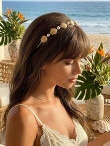 Women Gold Seashell Pearl Headband, Ocean Beach Mermaid Hairband, Nautical Theme Metal Hair Hoop Accessory For Summer Vacation Party Cosplay - Multicolor - View 3