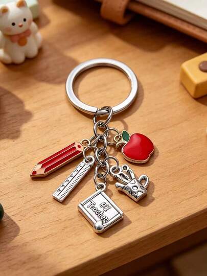 1 pieza Llavero con tema del Día del Maestro, un éxito de clásico, con colgantes de lápiz rojo, paleta de colores, regla y soporte para bolígrafo. Accesorios de moda para expresar gratitud a los educadores. Se puede usar como regalo, recuerdo, accesorio para automóvil, decoración de bolso o accesorio con tema escolar