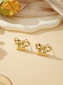 一对蝴蝶结设计时尚简约日常佩戴不锈钢耳环，适合全年日常佩戴，母亲节礼物 - 金色 - 查看 9