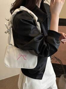 Túi Hobo quai nhún thêu nơ, phong cách Y2K, màu trơn, chất liệu nylon, thích hợp sử dụng hàng ngày. - trắng - Xem 6